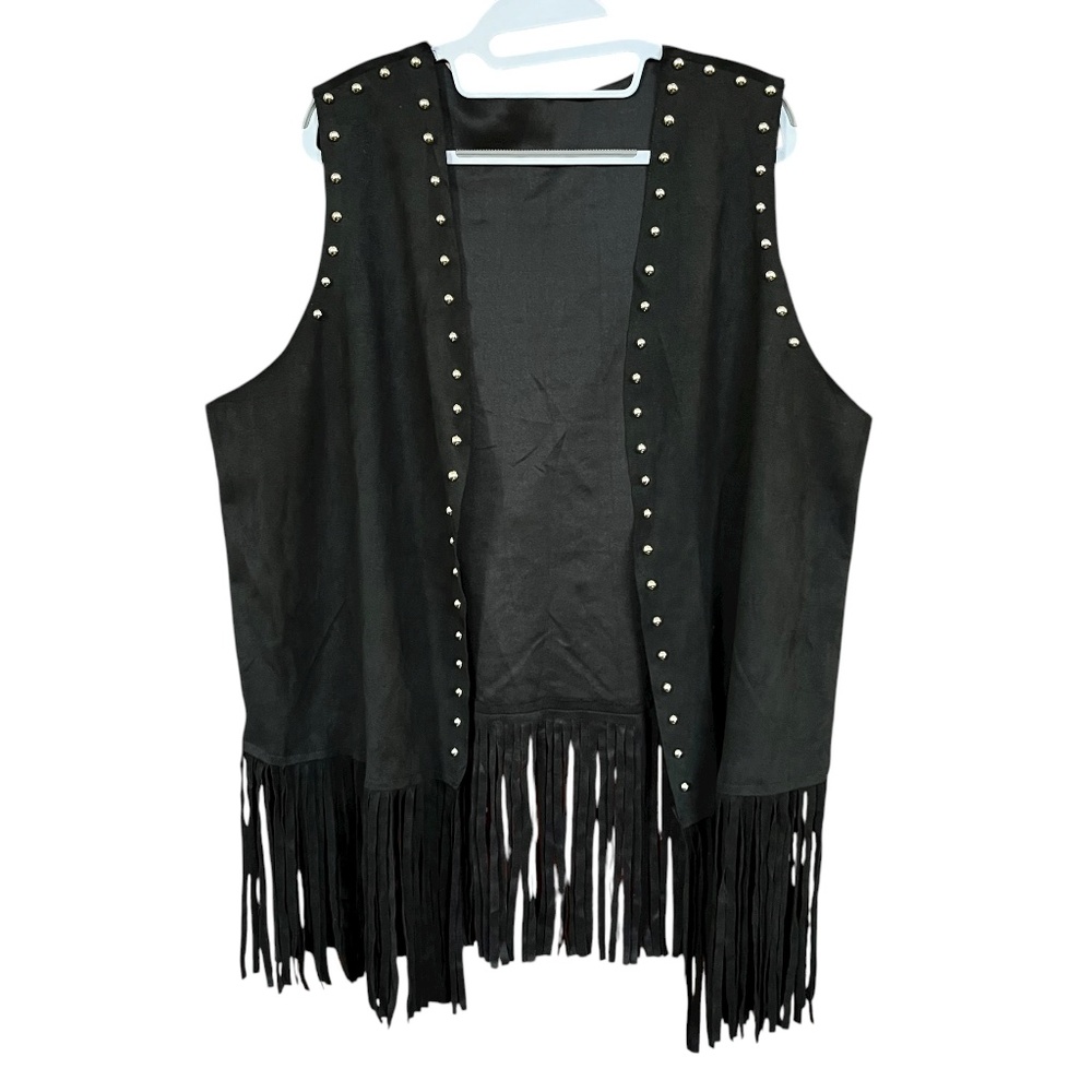 Black Faux Suede Studded Fringe Vest Size 2XL